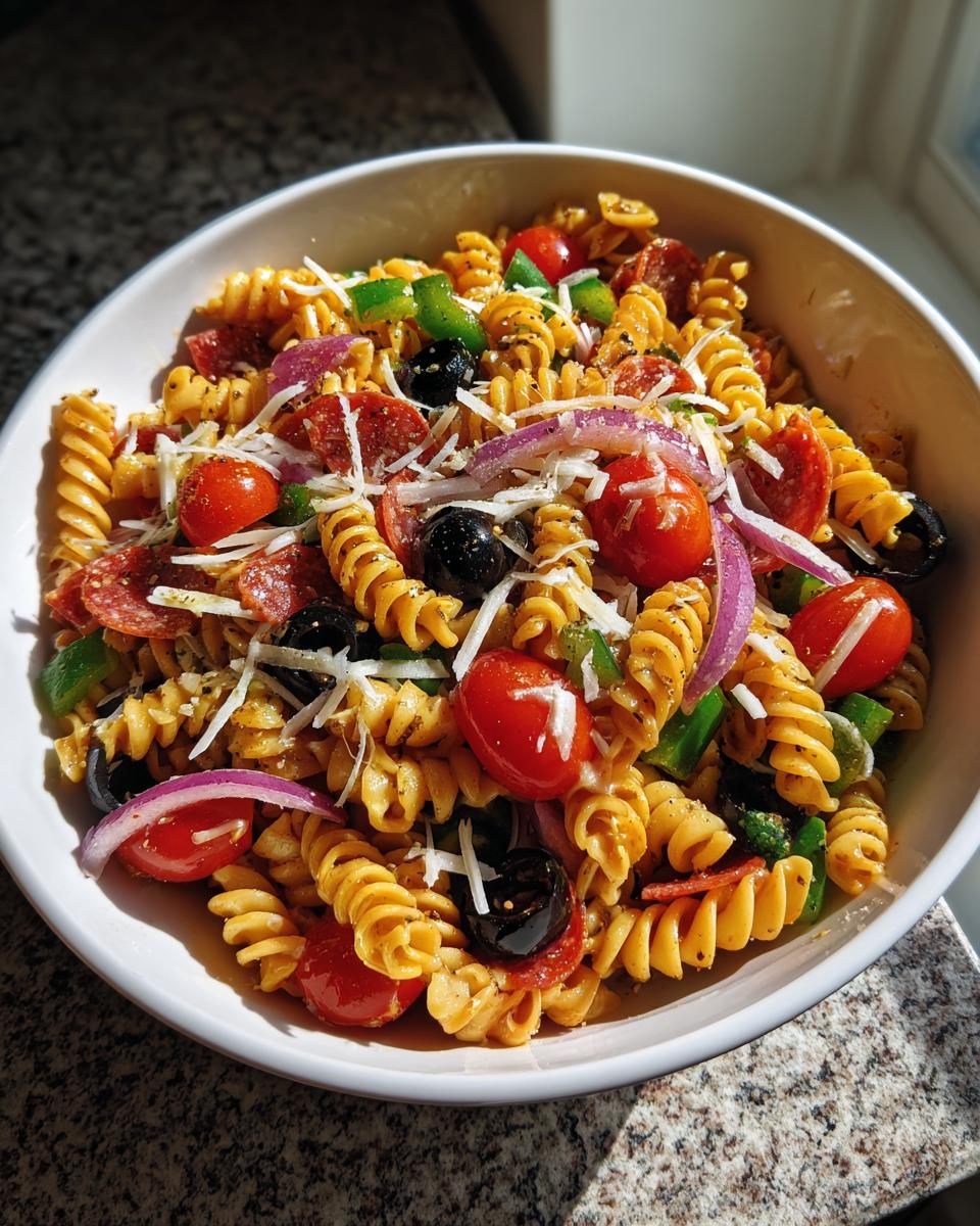 A vibrant bowl of Italian Pasta Salad with rotini pasta, tomatoes, olives, pepperoni, and cheese.