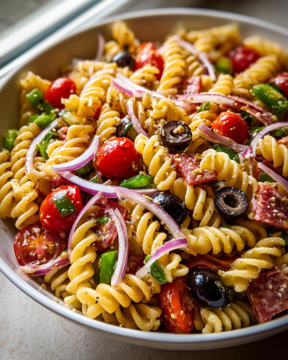 Close-up of a bowl of Italian Pasta Salad with rotini pasta, tomatoes, olives, red onion, and salami.