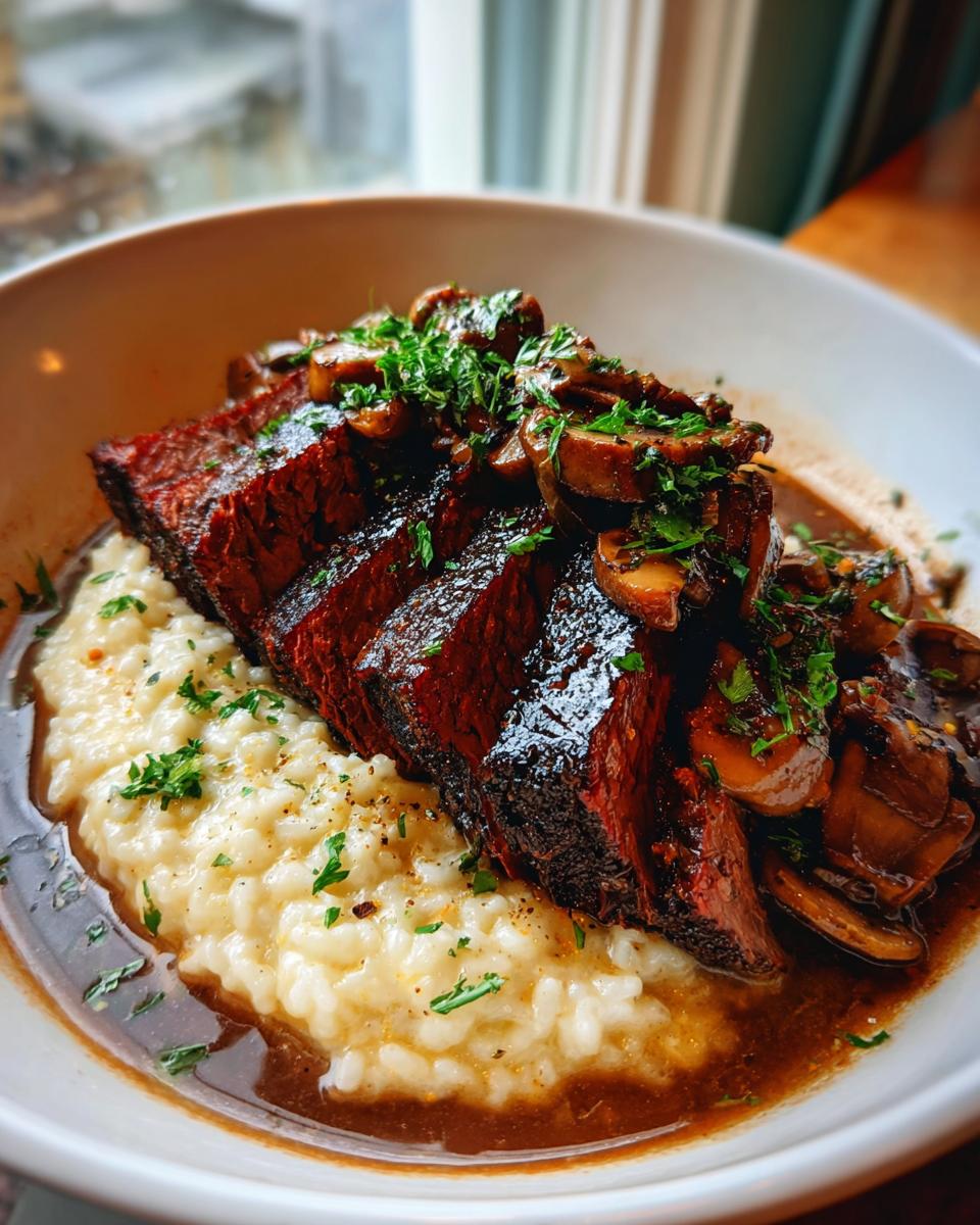 A serving of Italian Pot Roast with Parmesan Risotto, topped with mushrooms and herbs.