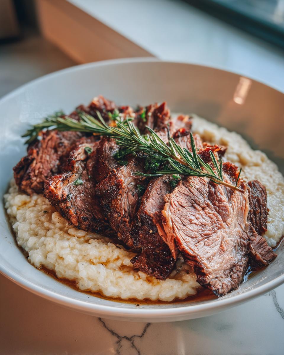 A bowl of Italian Pot Roast & Parmesan Risotto, garnished with fresh rosemary.