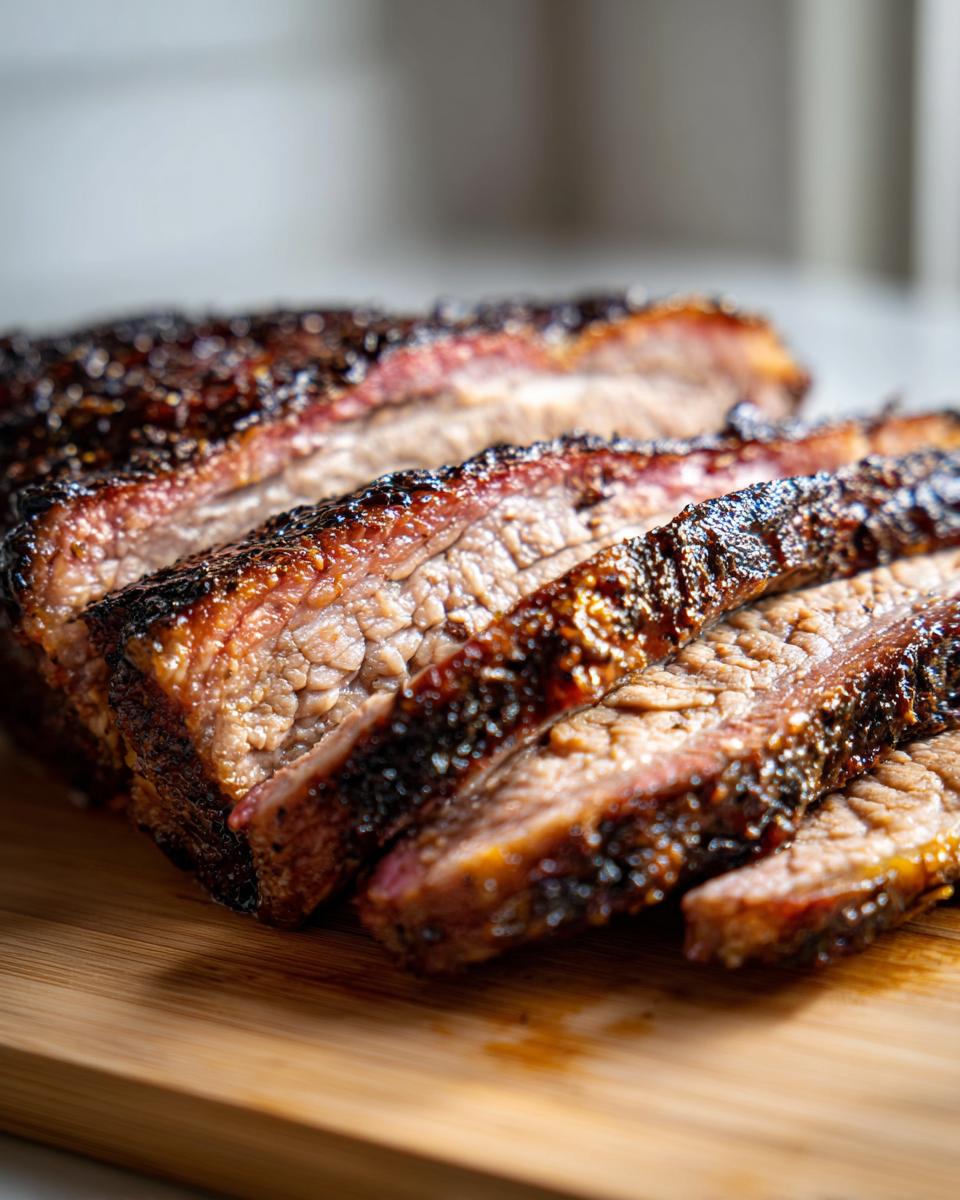 Close-up of sliced Italian Pot Roast with a dark crust on a wooden cutting board.