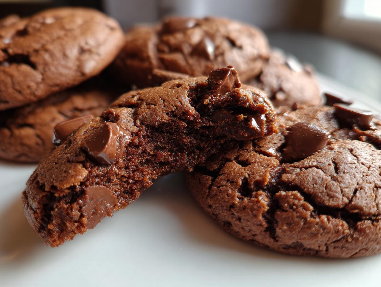 Close-up of Keto Flourless Fudge Cookies, one broken in half to show the soft, fudgy texture and chocolate chips.