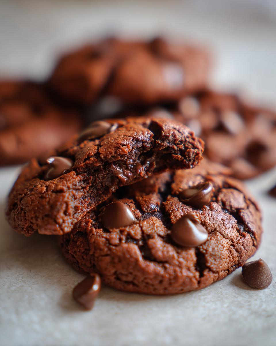 A close-up of Keto Flourless Fudge Cookies, one broken in half to show the fudgy center, with chocolate chips.