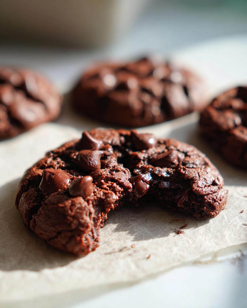 Close-up of a Keto Flourless Fudge Cookie with a bite taken out, showing chocolate chips and texture.