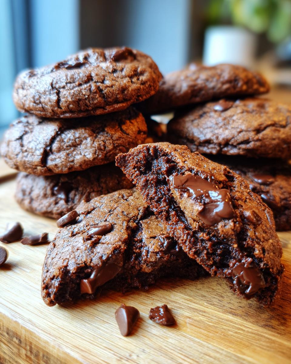A stack of delicious Keto Flourless Fudge Cookies, one broken in half to show the gooey center.