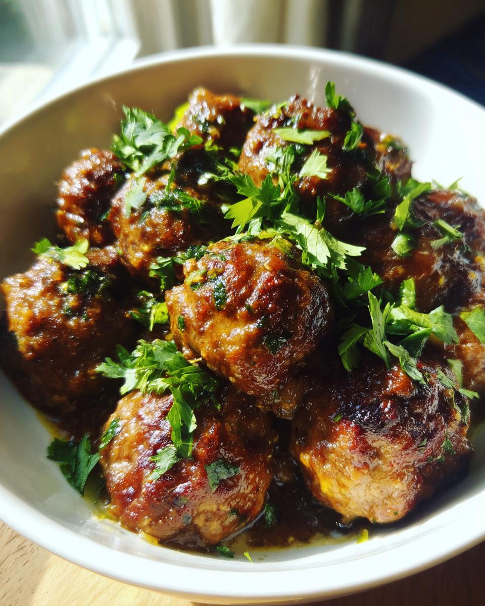 A bowl of delicious Keto Garlic Butter Meatballs, garnished with fresh parsley.