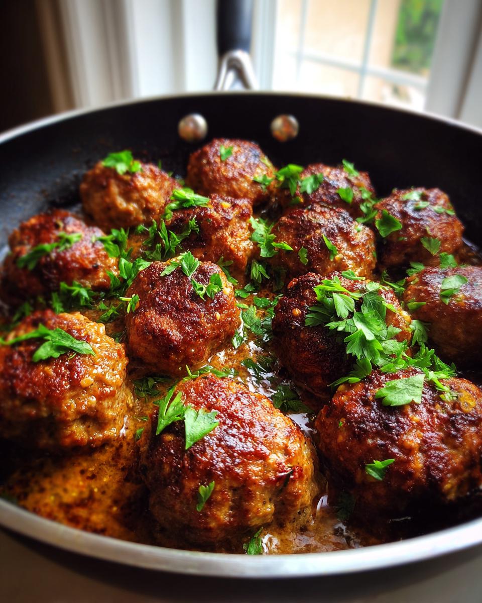 A pan filled with Keto Garlic Butter Meatballs, garnished with fresh parsley in a rich, creamy sauce.
