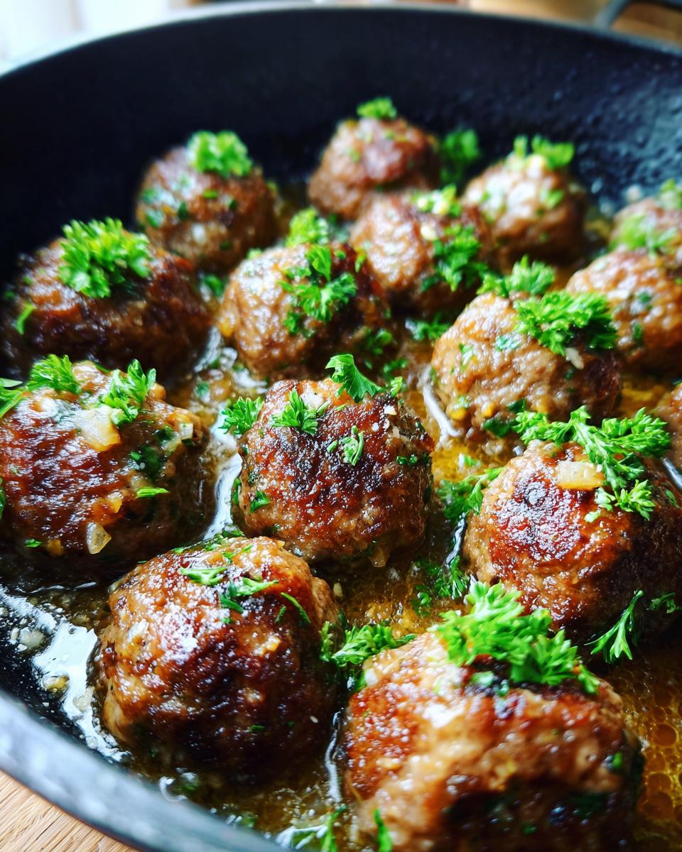 Close-up of Keto Garlic Butter Meatballs simmering in a pan, garnished with fresh parsley.