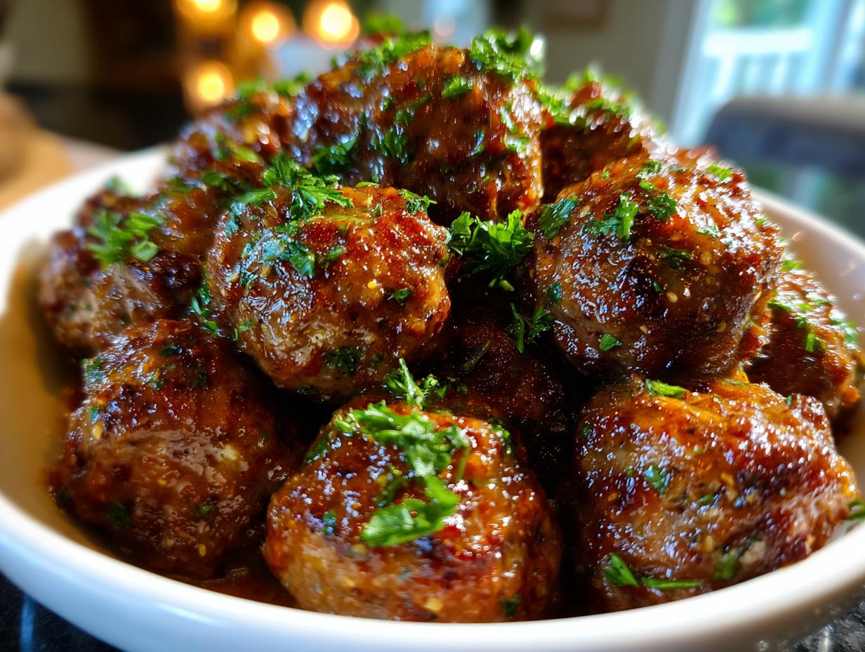 A bowl of glistening Keto Garlic Butter Meatballs, garnished with fresh parsley.