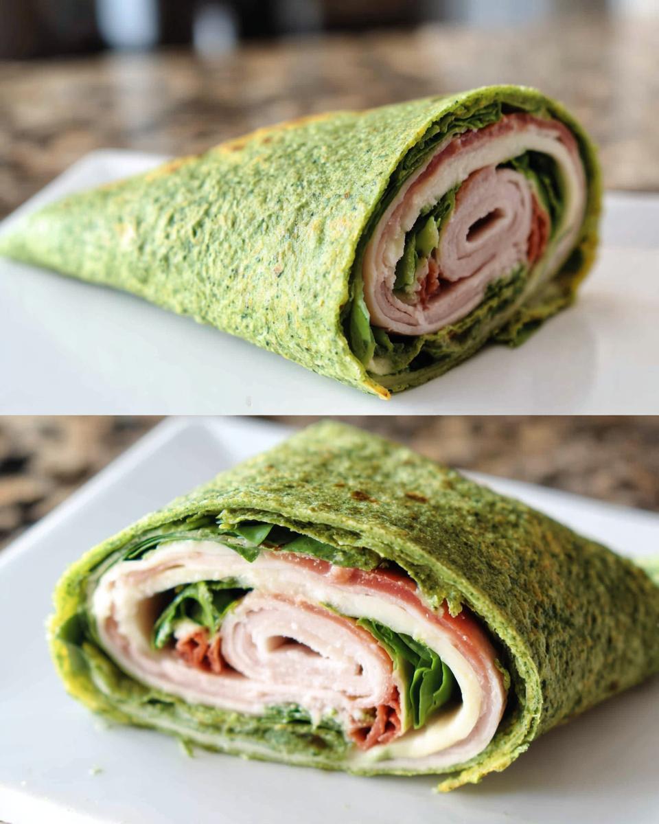 Two views of a Keto Spinach Wrap filled with turkey, cheese, lettuce, and tomato on a white plate.