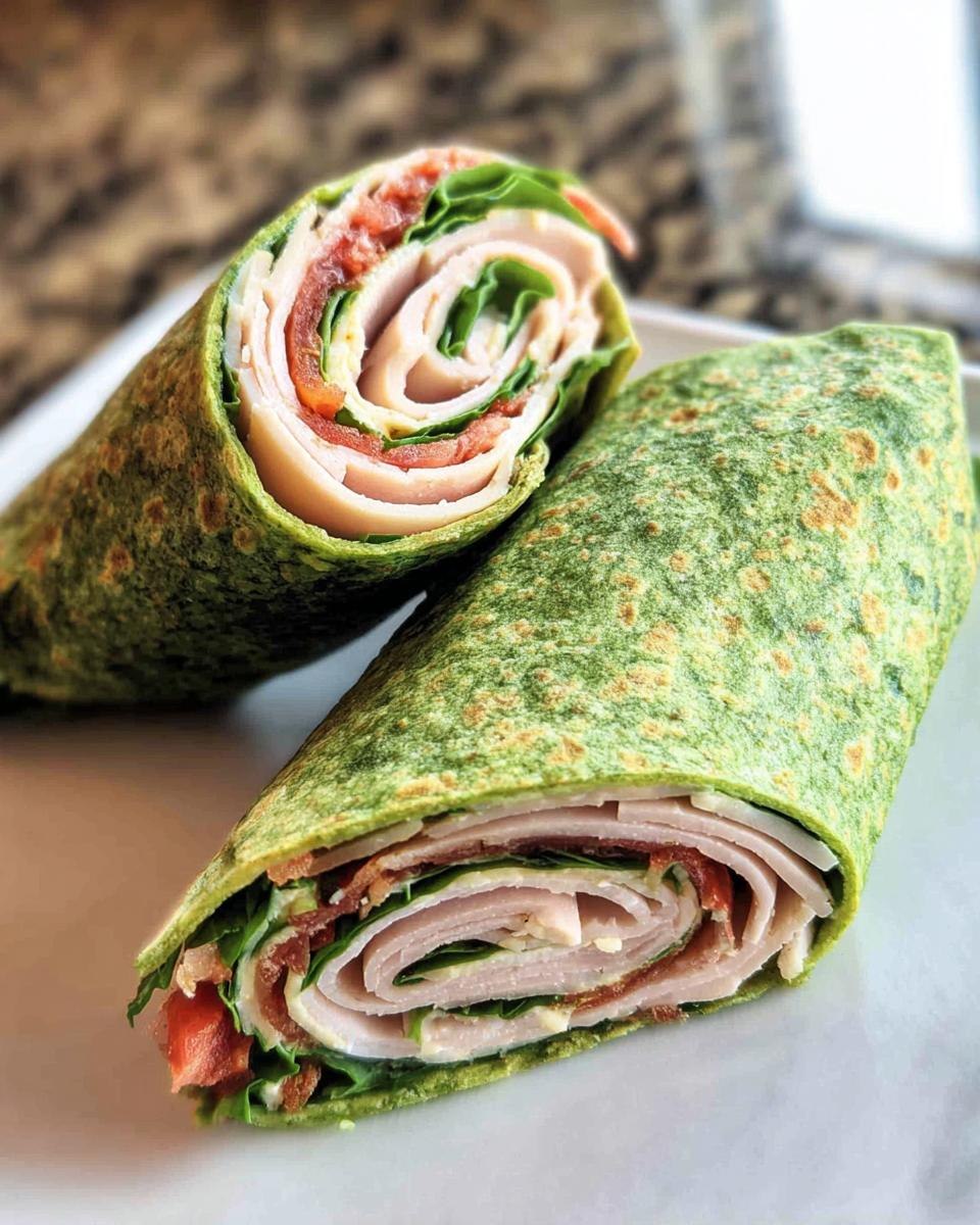 Two halves of a vibrant green Keto Spinach Wrap, showcasing layers of turkey, lettuce, tomato, and bacon filling.