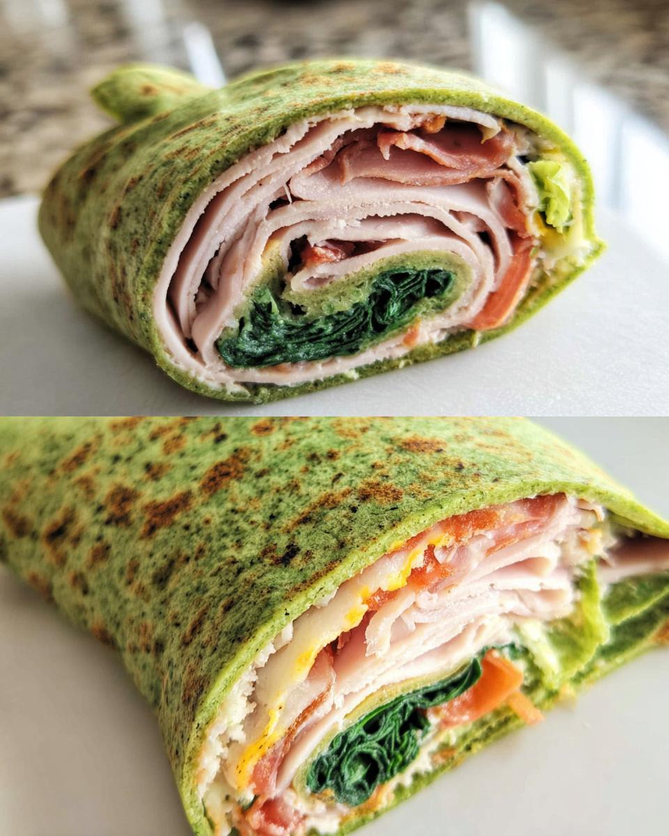 Two halves of a Keto Spinach Wrap filled with turkey, spinach, tomato, and mustard.