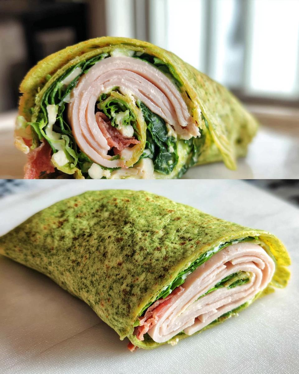 Two views of a Keto Spinach Wrap filled with turkey, spinach, lettuce, and bacon.