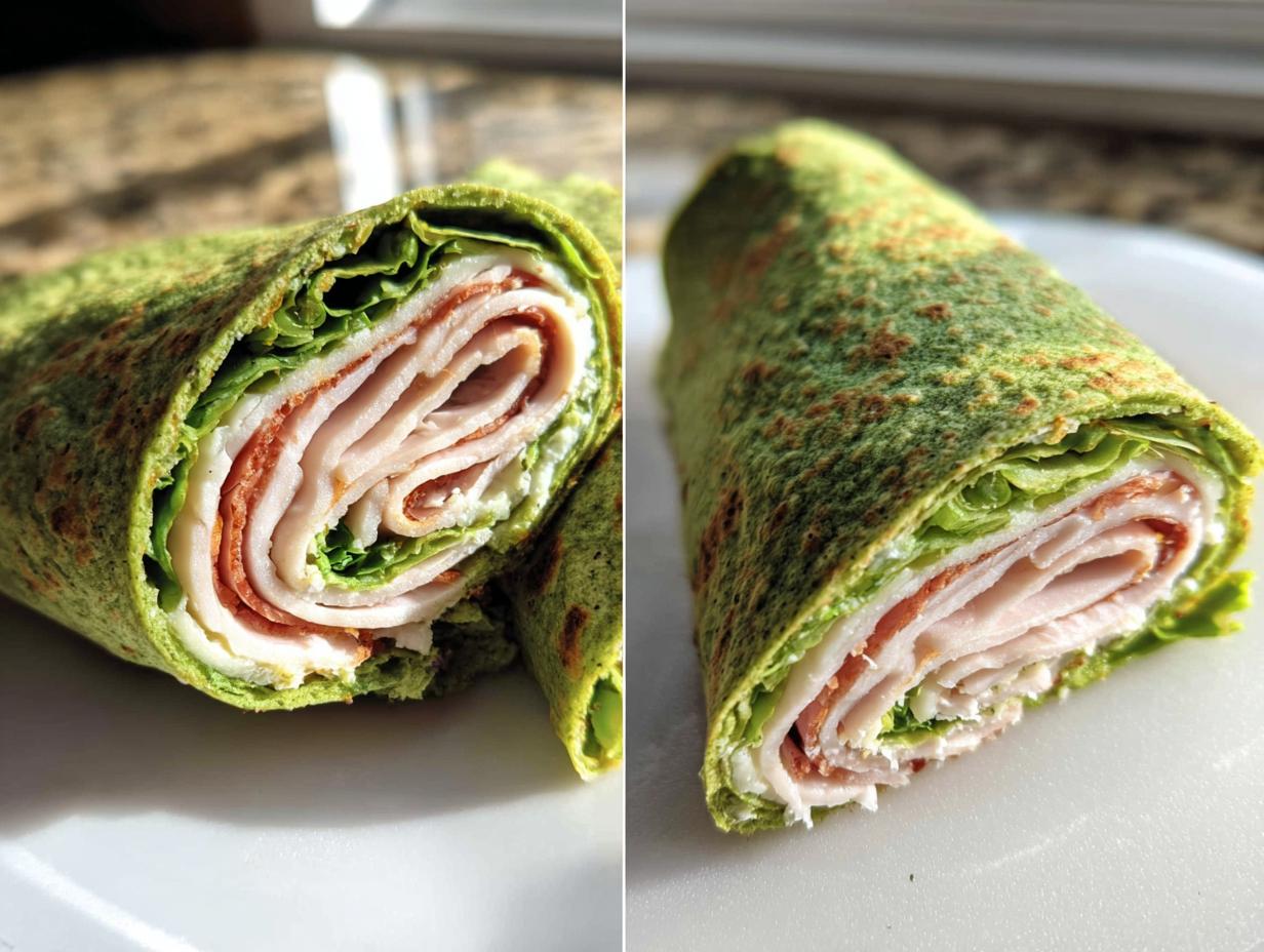 Two views of a Keto Spinach Wrap filled with turkey, lettuce, and cheese on a white plate.