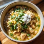 A bowl of killer white chili topped with shredded cheese, sour cream, and fresh cilantro.