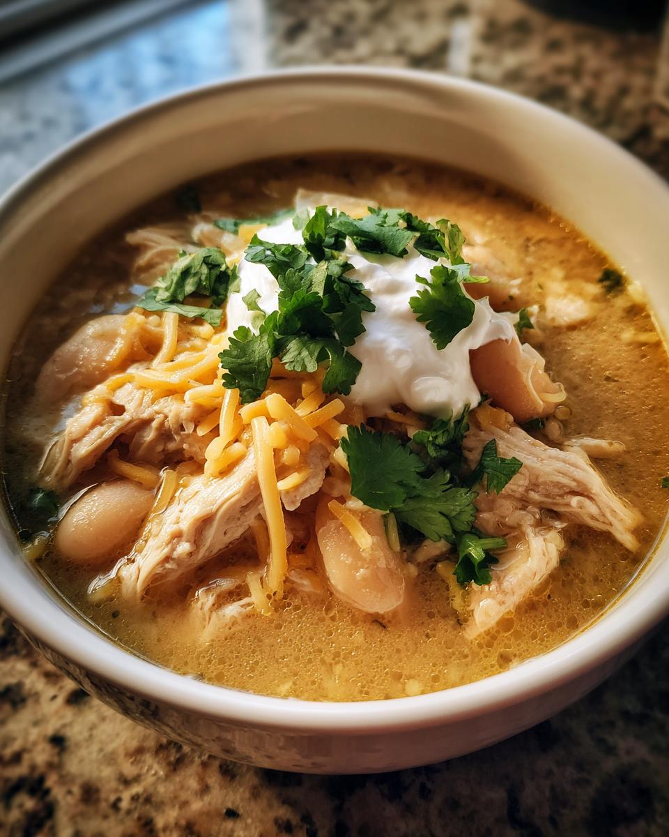 A bowl of killer white chili topped with sour cream, cheddar cheese, and fresh cilantro.