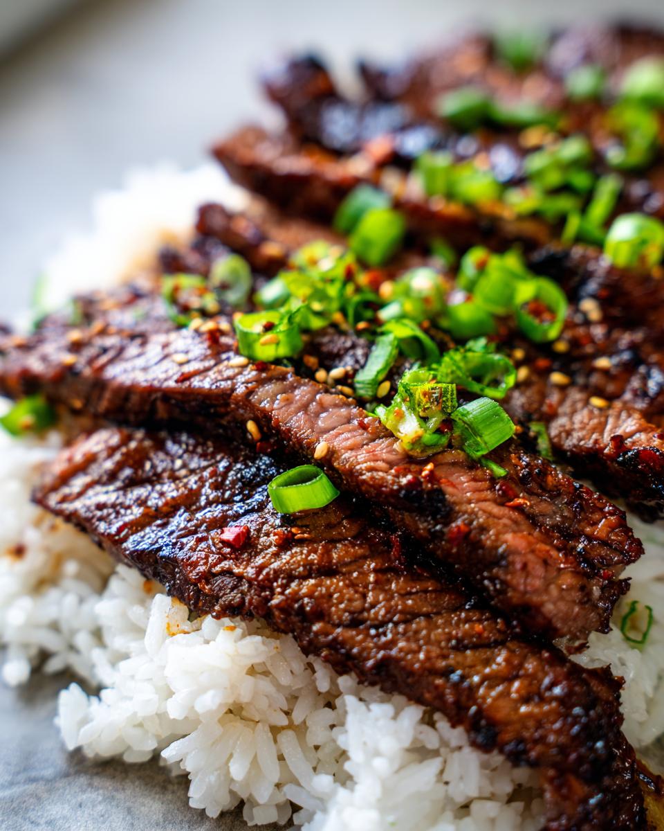 A close-up of Korean BBQ Steak Rice featuring sliced steak over rice, garnished with green onions and sesame seeds.