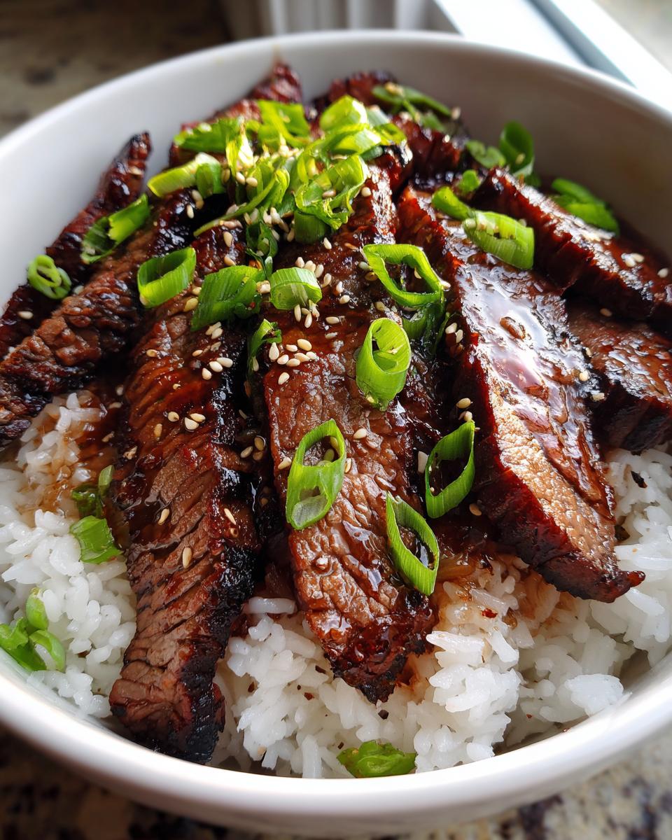 A delicious bowl of Korean BBQ Steak Rice, topped with sliced scallions and sesame seeds.