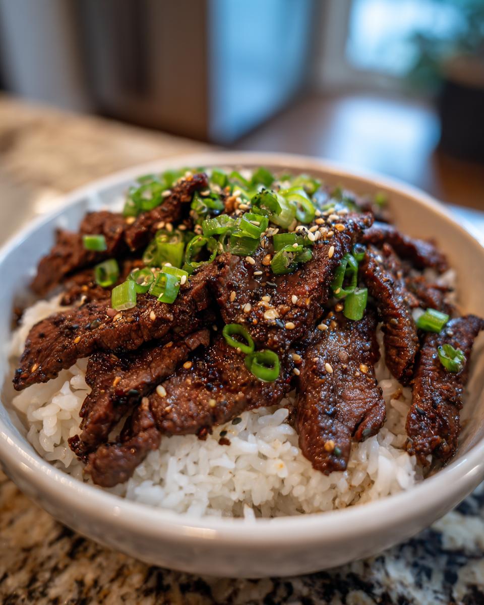 A delicious bowl of Korean BBQ Steak Rice topped with green onions and sesame seeds.