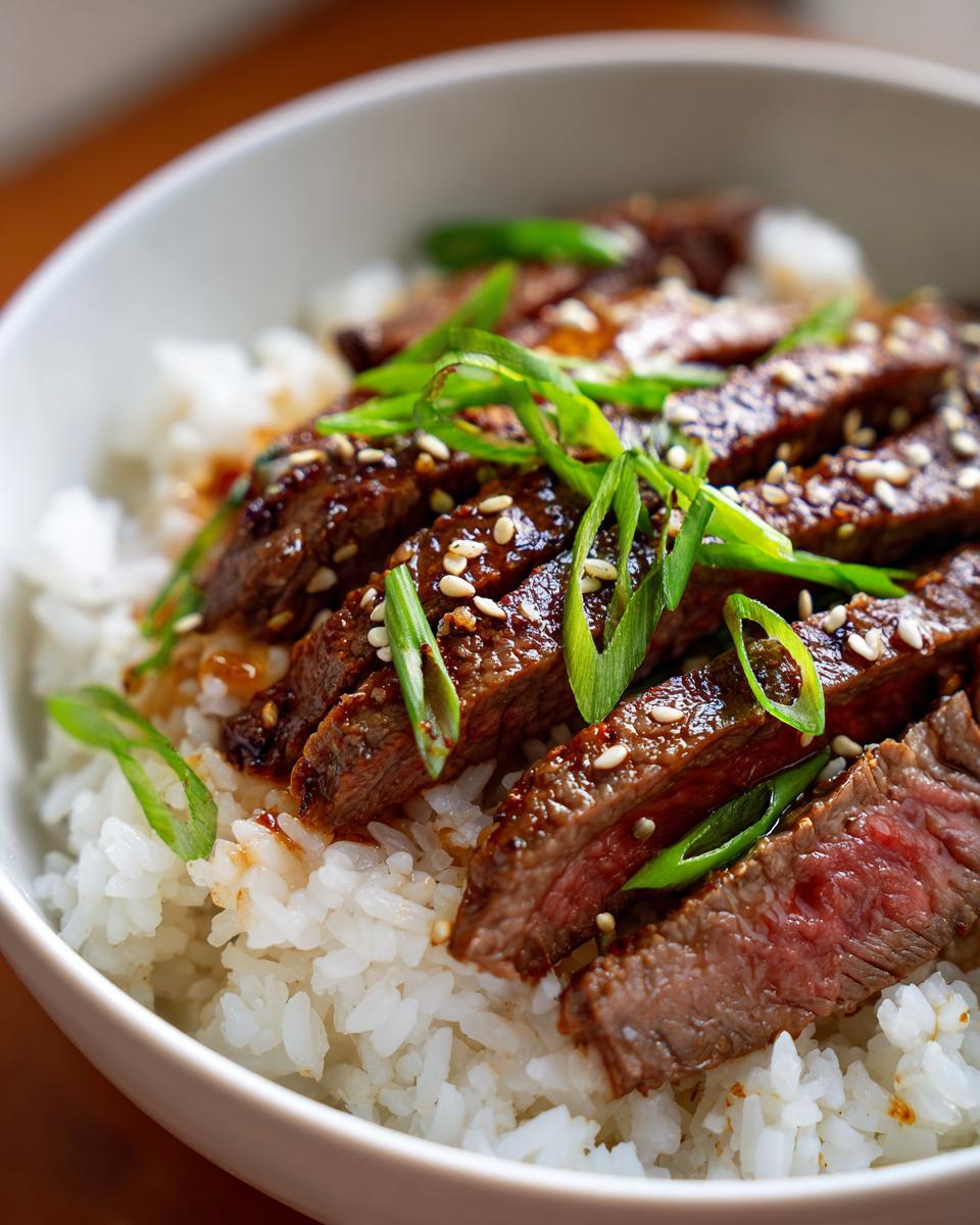 Close-up of a Korean BBQ Steak Rice bowl topped with sliced steak, sesame seeds, and green onions.