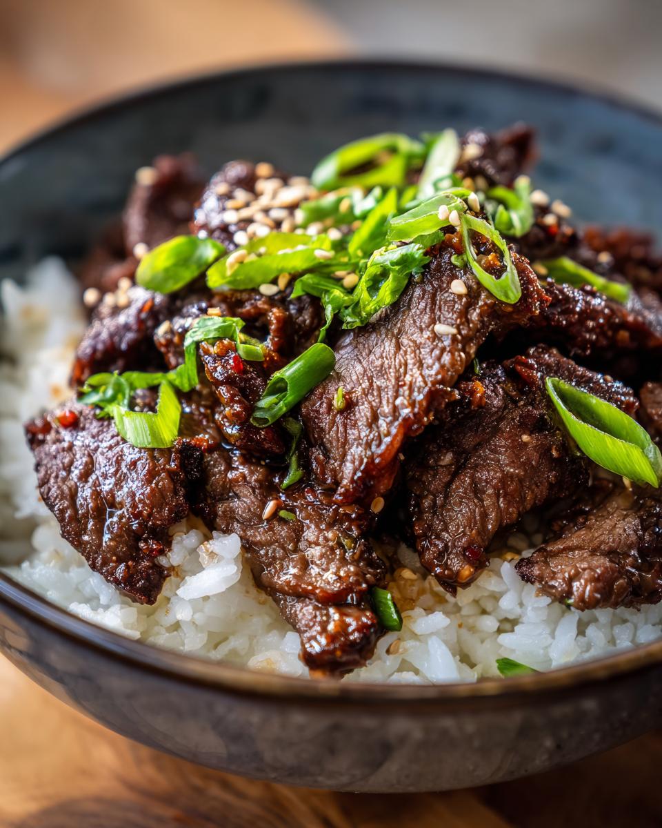 Close-up of Korean BBQ Steak Rice in a bowl, topped with sesame seeds and green onions.