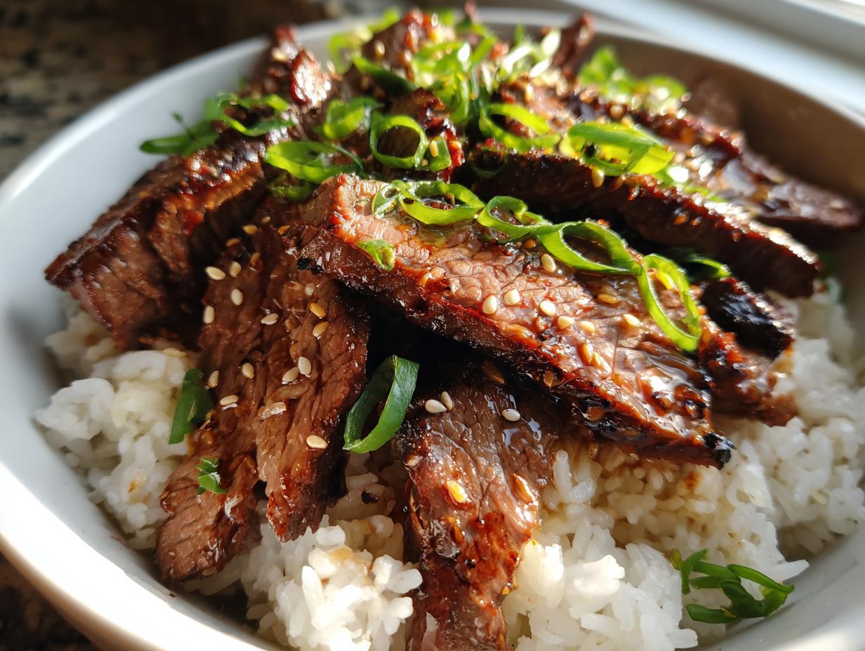 A delicious Korean BBQ Steak Rice bowl topped with sliced scallions and sesame seeds.