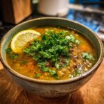 A bowl of Lebanese Lemon Lentil Soup, garnished with fresh parsley and a lemon slice.