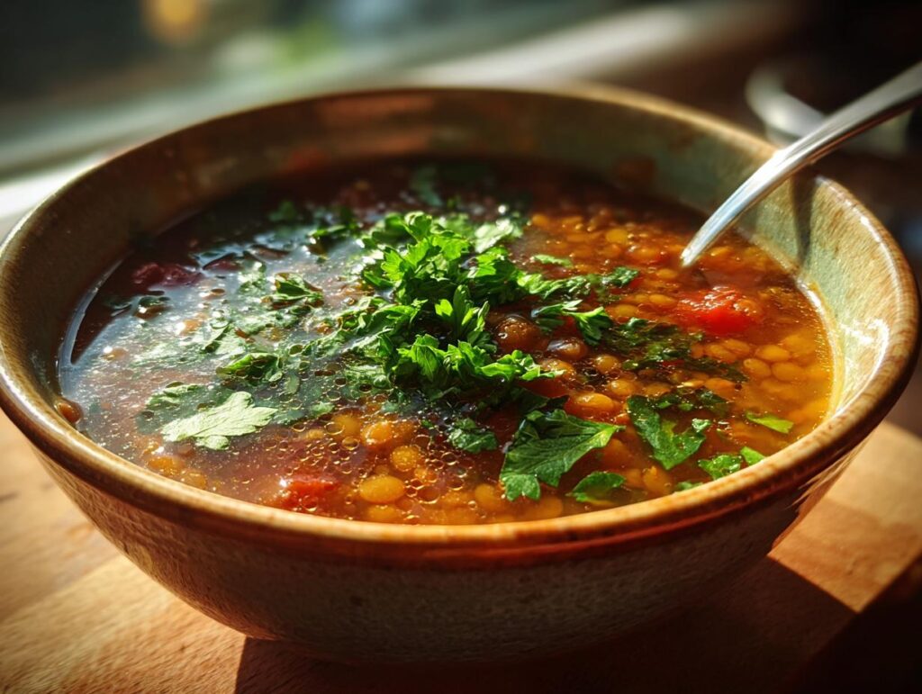A bowl of Lebanese Lemon Lentil Soup, garnished with fresh parsley, sits on a wooden surface with a spoon.