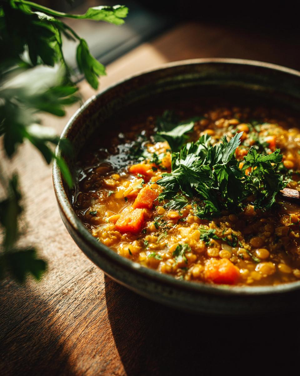 A bowl of Lebanese Lemon Lentil Soup garnished with fresh parsley, sitting on a wooden surface.