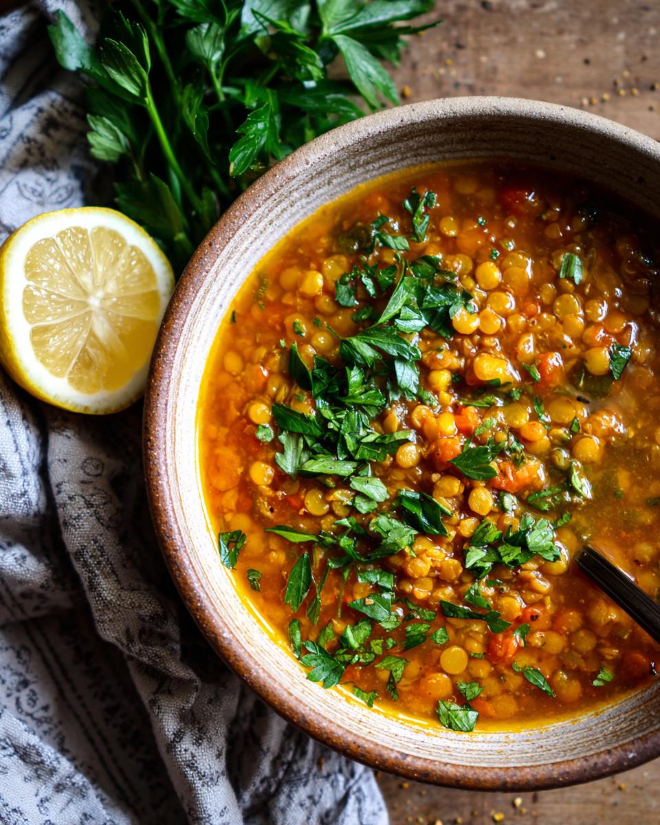 Overhead shot of Lebanese Lemon Lentil Soup in a bowl, garnished with parsley and served with a lemon wedge.