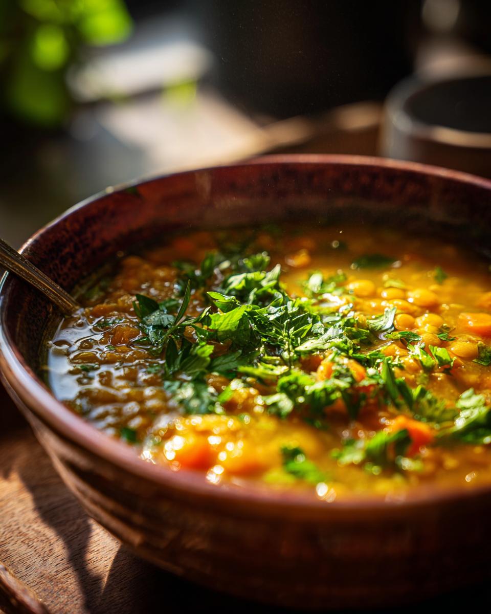 Close-up of Lebanese Lemon Lentil Soup in a rustic bowl, garnished with fresh parsley.