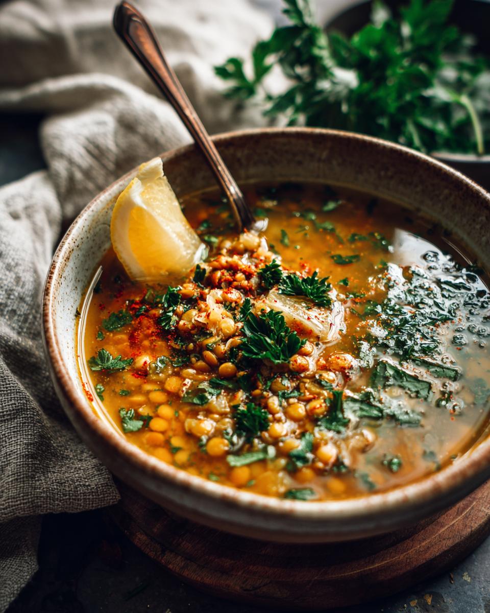 A bowl of Lebanese Lemon Lentil Soup garnished with a lemon wedge, parsley, and spices, ready to eat.