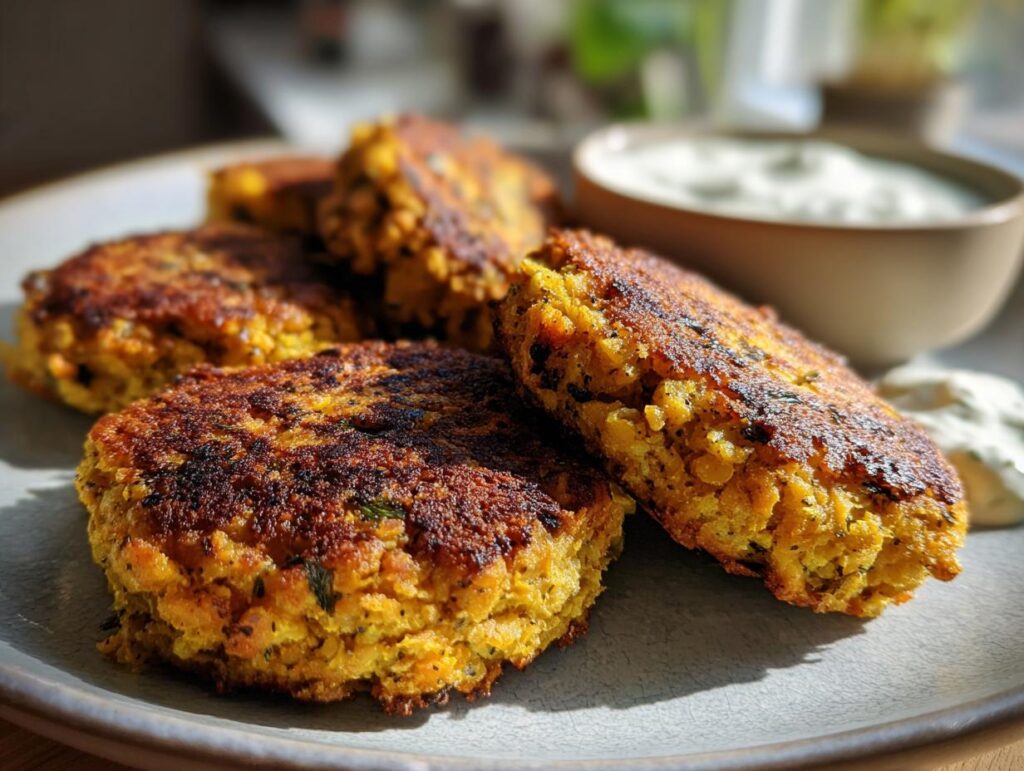 Several golden-brown Lemon Chickpea Patties with Yogurt sauce on a gray plate.