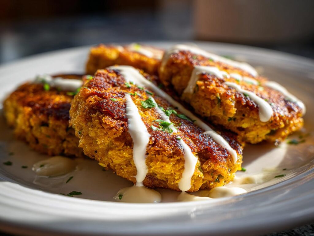 Several Lemon Chickpea Patties drizzled with yogurt sauce, garnished with herbs, on a white plate.