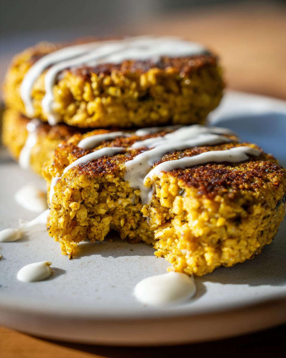 A stack of Lemon Chickpea Patties drizzled with yogurt sauce, one patty with a bite taken out.