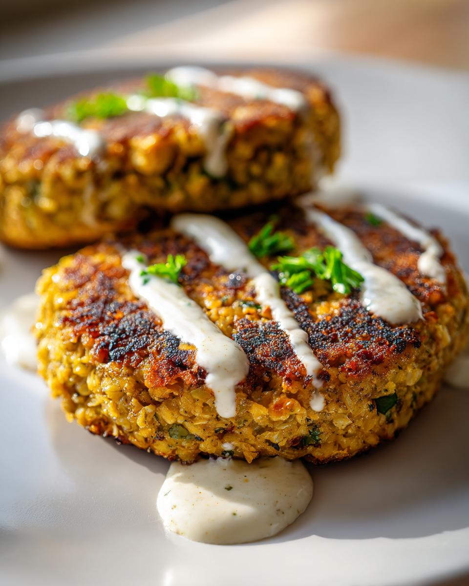 Two lemon chickpea patties stacked on a plate, drizzled with yogurt sauce and garnished with parsley.