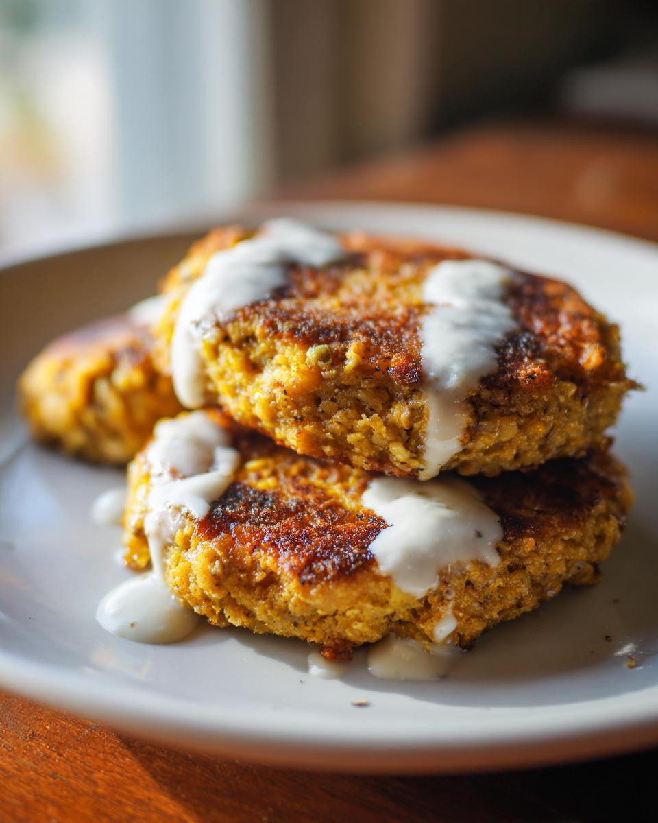 A stack of golden Lemon Chickpea Patties topped with creamy yogurt sauce on a plate.