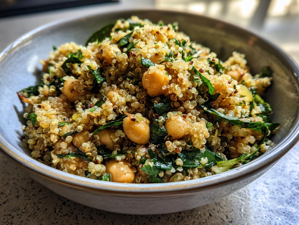 A bowl of Lemon Herb Quinoa Chickpeas, a healthy and flavorful dish with fresh herbs.