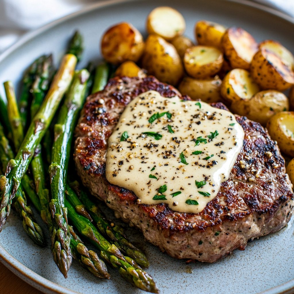 Garlic parmesan cream steak with roasted new potatoes and asparagus