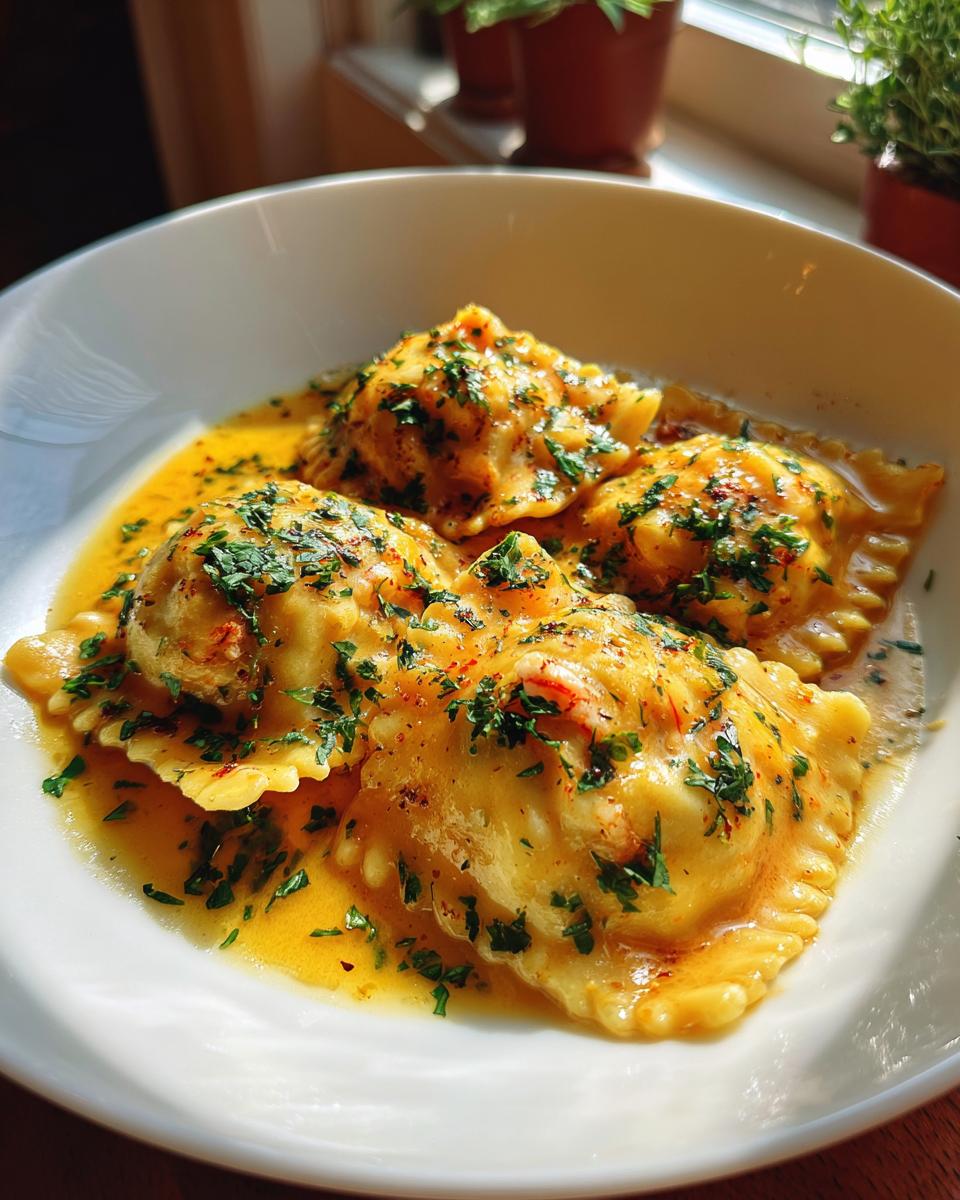 Three lobster ravioli in butter sauce, garnished with fresh herbs, served in a white bowl.
