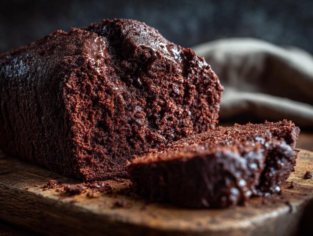 A rich, moist Low Carb Chocolate Cake loaf with a slice cut, displayed on a wooden board.