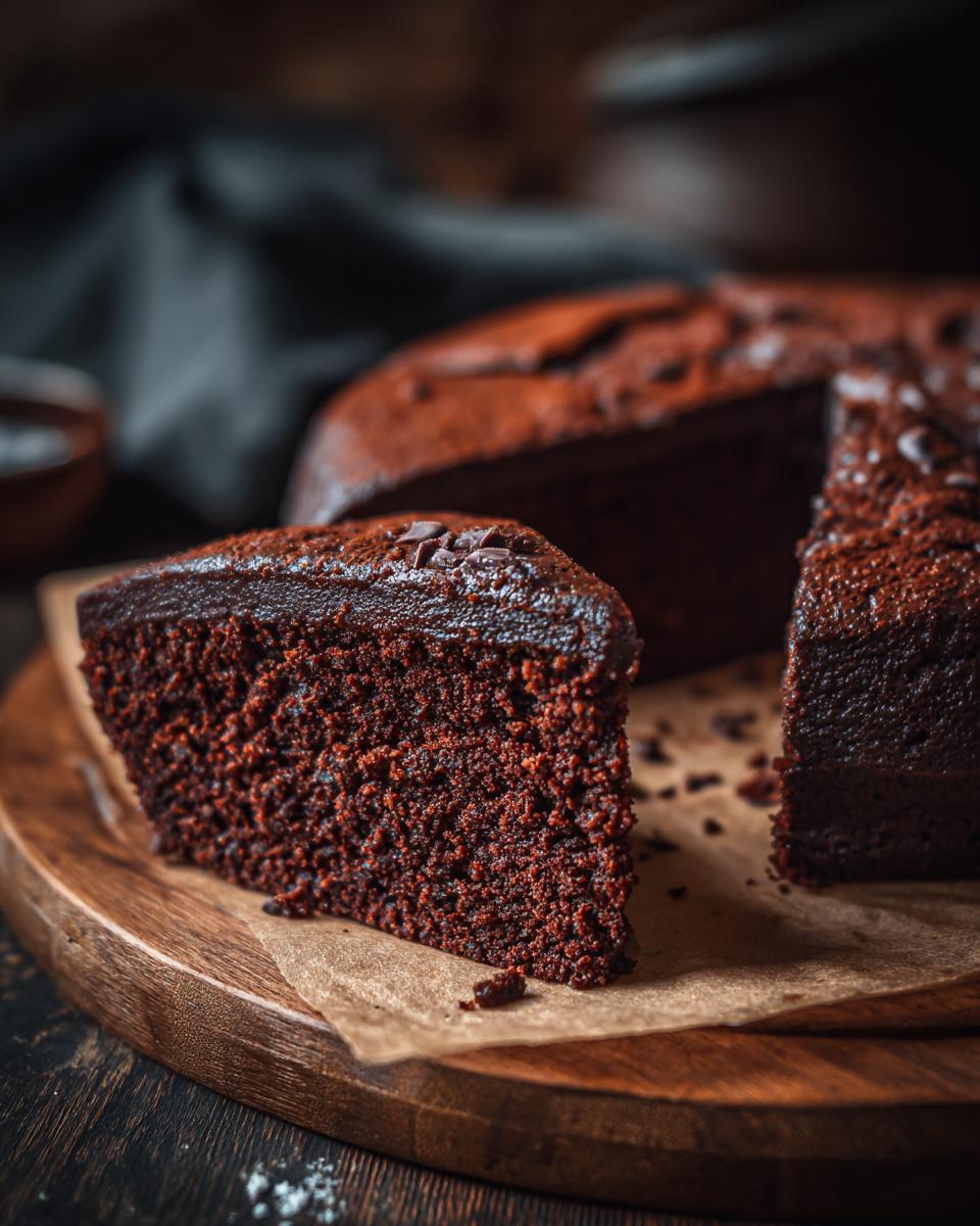 A slice of delicious Low Carb Chocolate Cake on a wooden board, with the rest of the cake in the background.