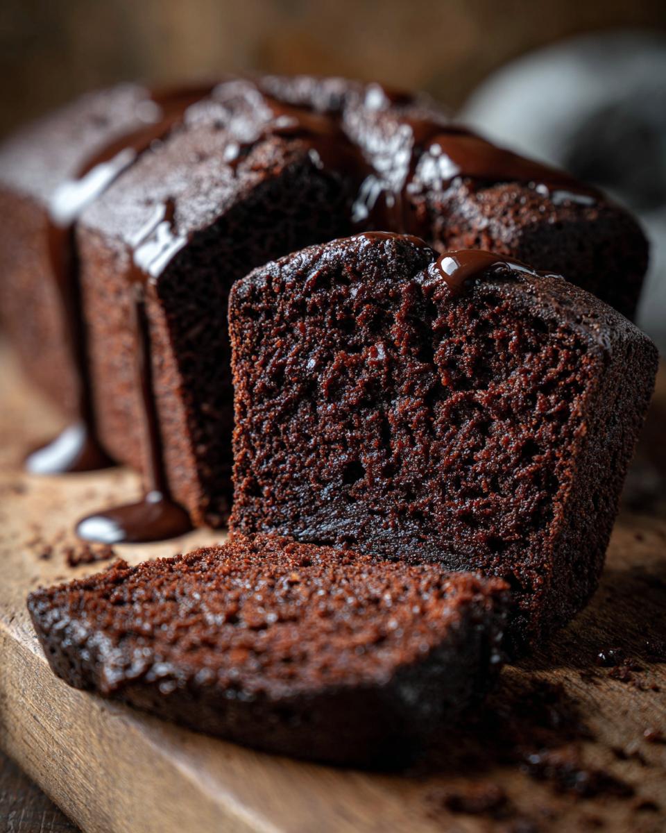 A slice of decadent Low Carb Chocolate Cake with chocolate sauce on a wooden board.