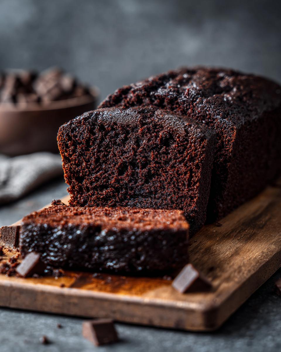 Close-up of a sliced Low Carb Chocolate Cake on a wooden board, with chocolate pieces scattered around.