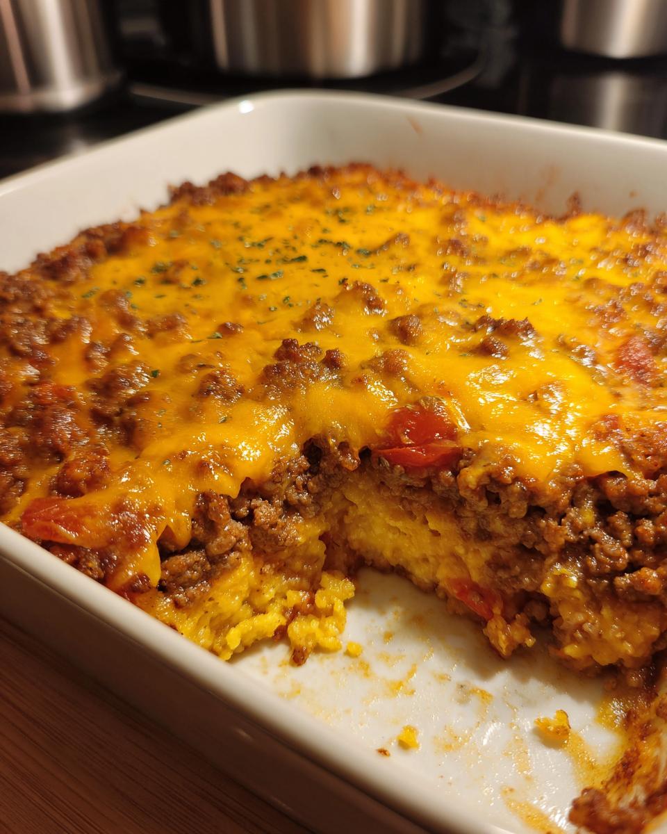 A freshly baked Low-Carb Oven Dish Recipe with a cheesy, meaty topping in a white baking dish.