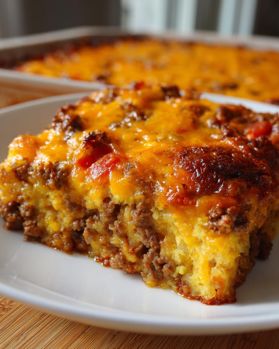 A slice of cheesy low-carb oven dish featuring ground beef and a golden-brown topping, served on a white plate.