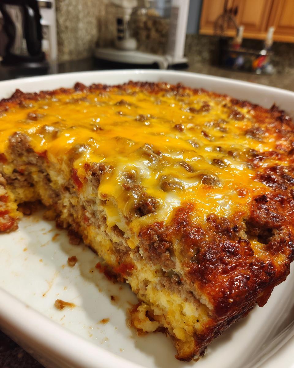 Close-up of a cheesy low-carb oven dish recipe in a white baking dish. Layers are visible.