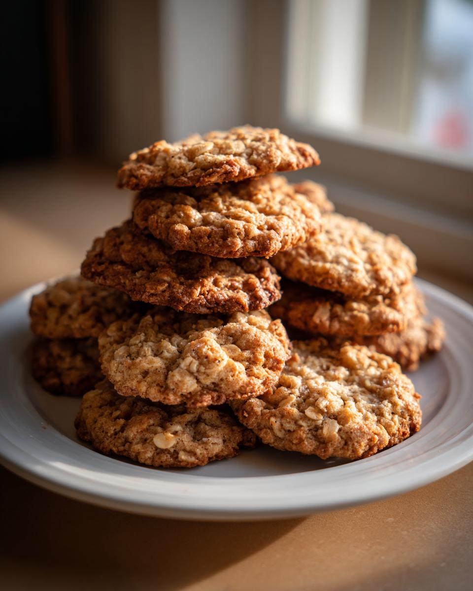 A stack of freshly baked Low Sugar Oatmeal Cookies on a white plate, ready to be enjoyed.