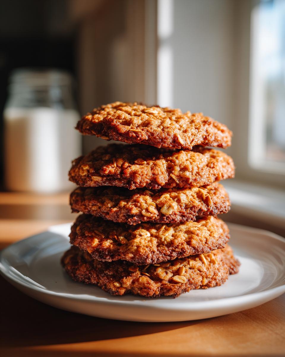 A stack of four freshly baked Low Sugar Oatmeal Cookies on a white plate, with a jar of milk in the background.