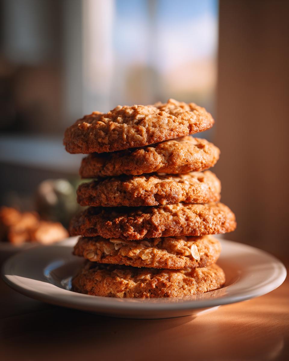 A stack of six freshly baked Low Sugar Oatmeal Cookies on a white plate, lit by natural light.